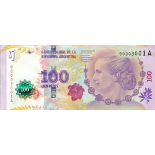 0000300IA
100
BANCO CENTRAL DE LA
REPUBLICA ARGENTINA
100
CIEN PESOS
00003001 A
100