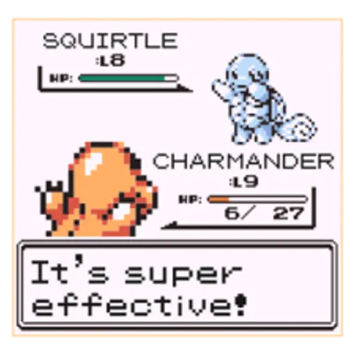 SQUIRTLE L8 HP: CHARMANDER 19 HP: 6/ 27 It's super effective!